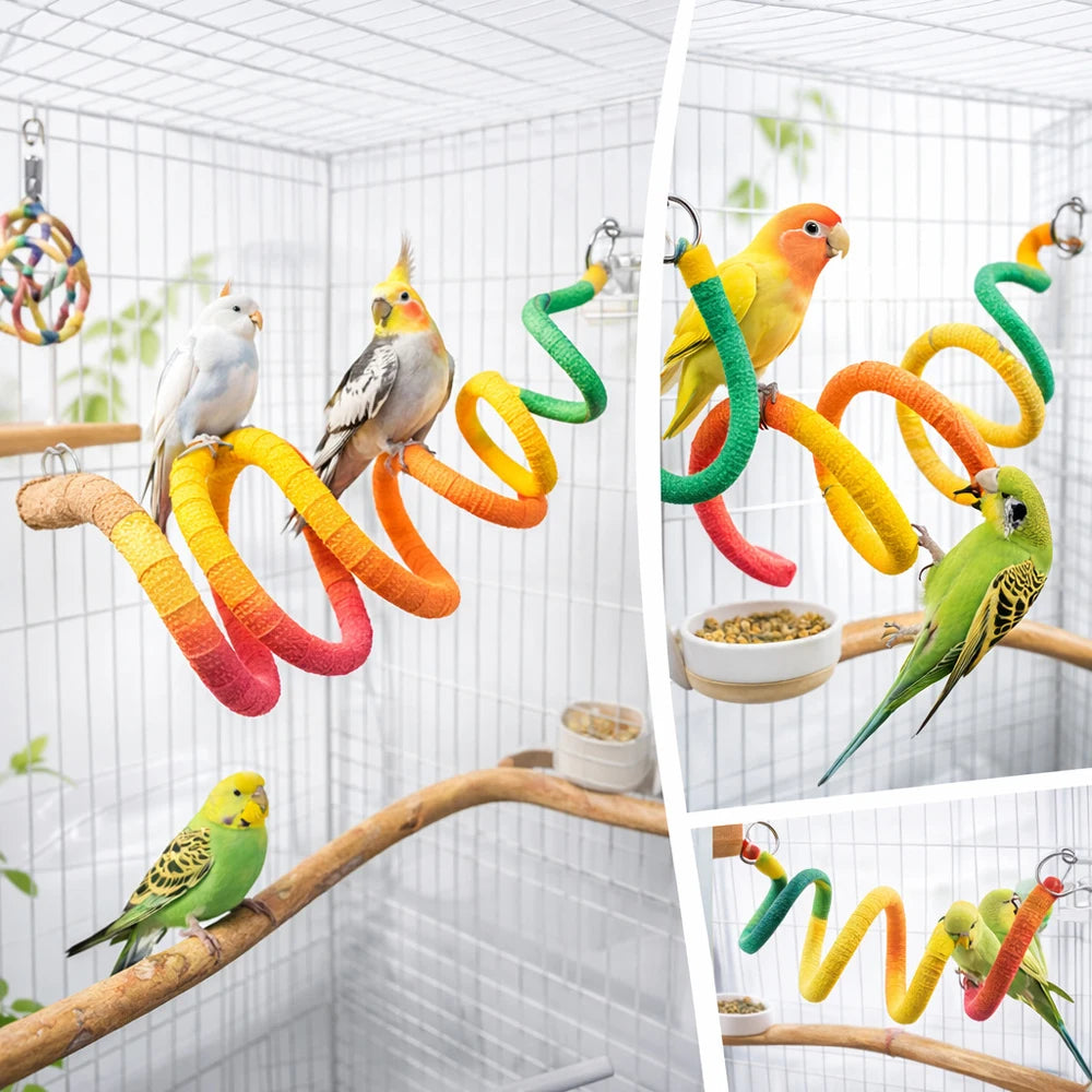 1PC Bird Spiral Rope Perch Parrot Bungee Toy Suction Cup Window Stand Cage Climbing Stick for Cockatiel Budgie Lovebird Supplies