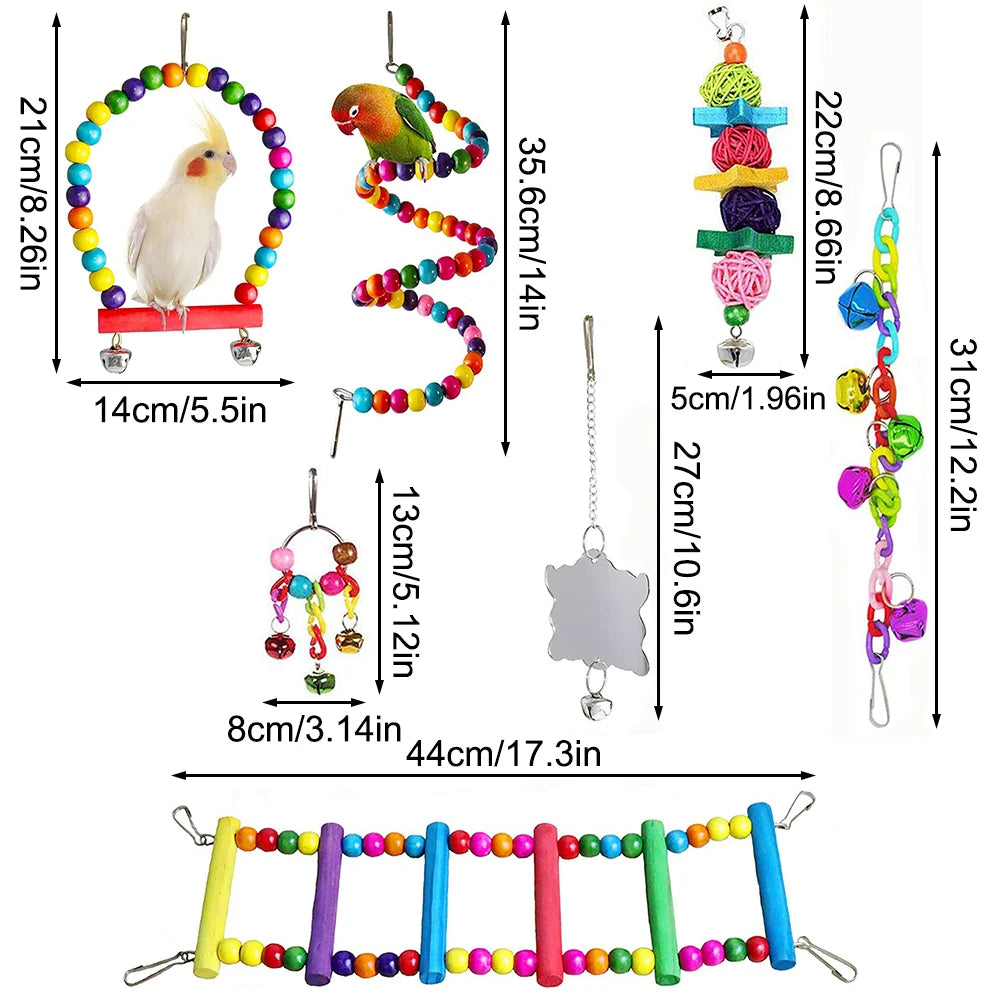 7PCS Parrot Toy Bird Cage Accessories Bird Accessories Stair Mirror Swing Bell Bird Toy