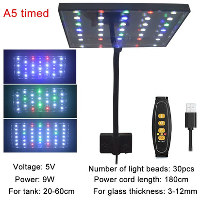 USB Aquarium LED Grow Light Full Spectrum for Aquatic Plants Fish Tank, Dimmable Timer Adjustable 360° Rotatable