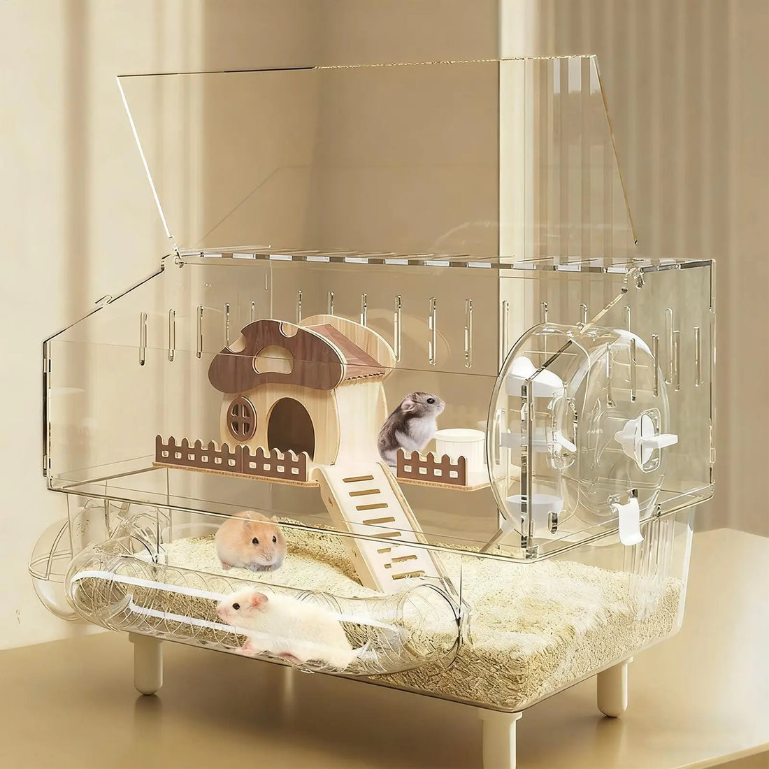 Easy Clean Transparent Double Layer Hamster Cage Large Luxury Villa Exercise Wheel Tank Habitat Spacious House for Small Rodents