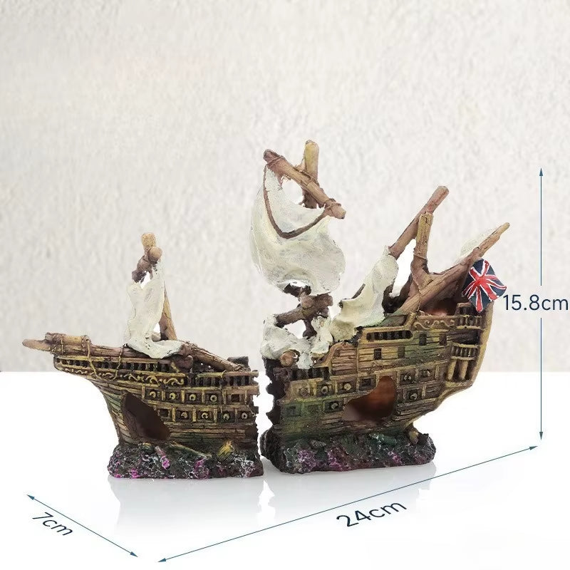 Pirate Ship Aquarium Ornament Resin Sunken Shipwreck Fish Tank Hideout Cave Betta Habitat Underwater Landscape Decoration