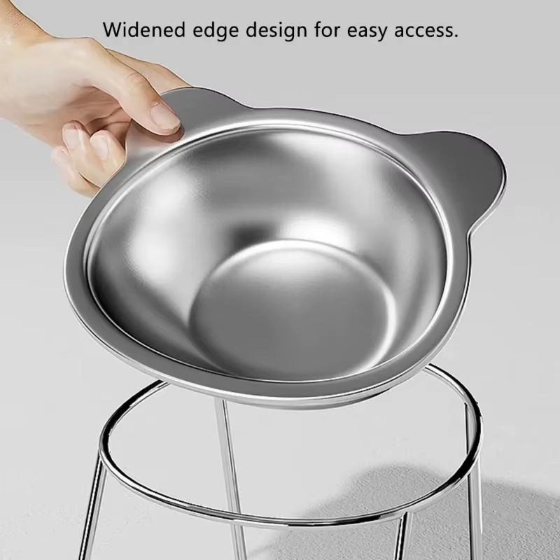 ‌304 Raised Stainless Steel Cat Bowl with 15° Elevated Design Tilted Neck Guard Healthy Feeding Shatterproof for Cats Puppies