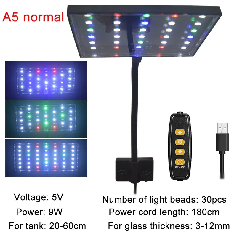 USB Aquarium LED Grow Light Full Spectrum for Aquatic Plants Fish Tank, Dimmable Timer Adjustable 360° Rotatable