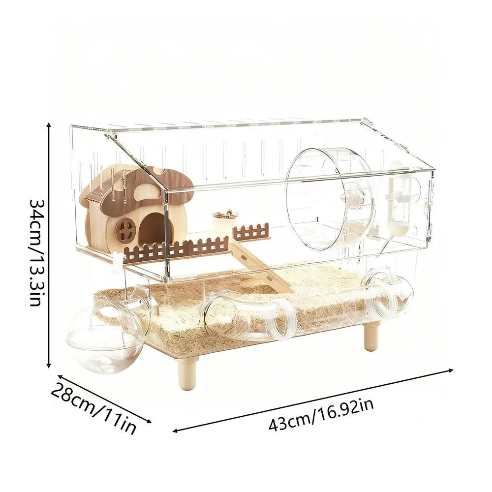Easy Clean Transparent Double Layer Hamster Cage Large Luxury Villa Exercise Wheel Tank Habitat Spacious House for Small Rodents