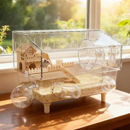 Hamster Habitat 2-Layer Clear Habitat 17.7X11X13.3 Inch Acrylic Small Animal House for Monitoring Breeding Hedgehog Ferret