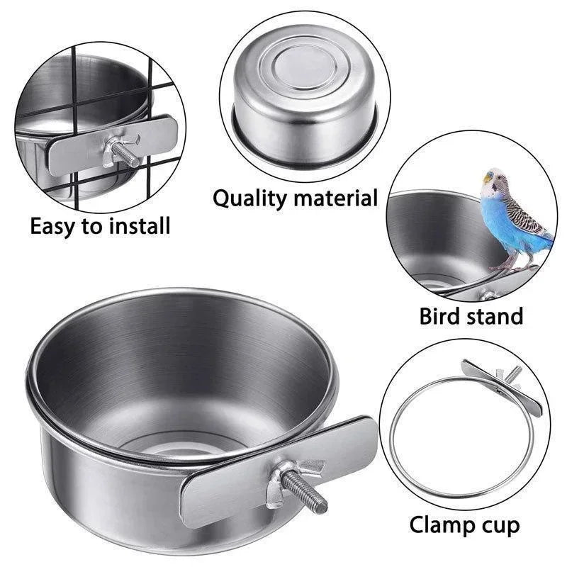 Small Pet Stainless Steel Bowl Parrot Food Bowl Water Bowl Food Cup Water Cup Food Trough Bird Food Cup Fixed Hanging Bowl