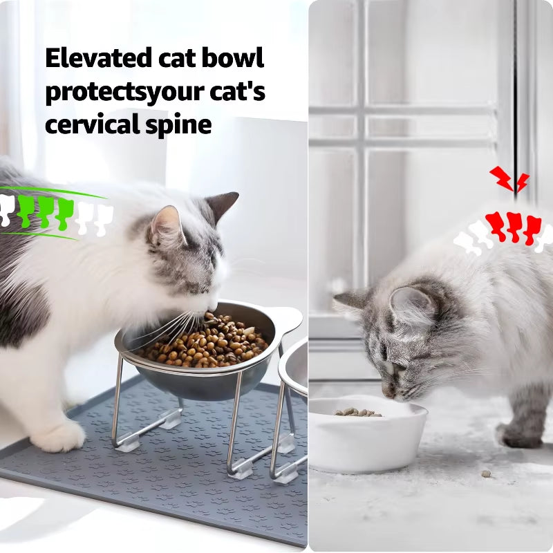 ‌304 Raised Stainless Steel Cat Bowl with 15° Elevated Design Tilted Neck Guard Healthy Feeding Shatterproof for Cats Puppies