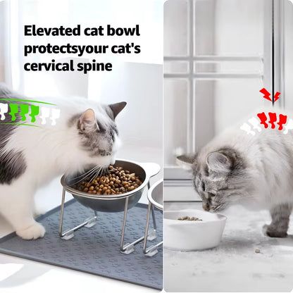 ‌304 Raised Stainless Steel Cat Bowl with 15° Elevated Design Tilted Neck Guard Healthy Feeding Shatterproof for Cats Puppies