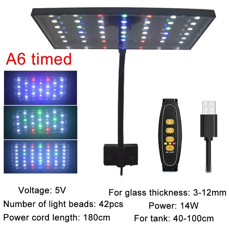 USB Aquarium LED Grow Light Full Spectrum for Aquatic Plants Fish Tank, Dimmable Timer Adjustable 360° Rotatable